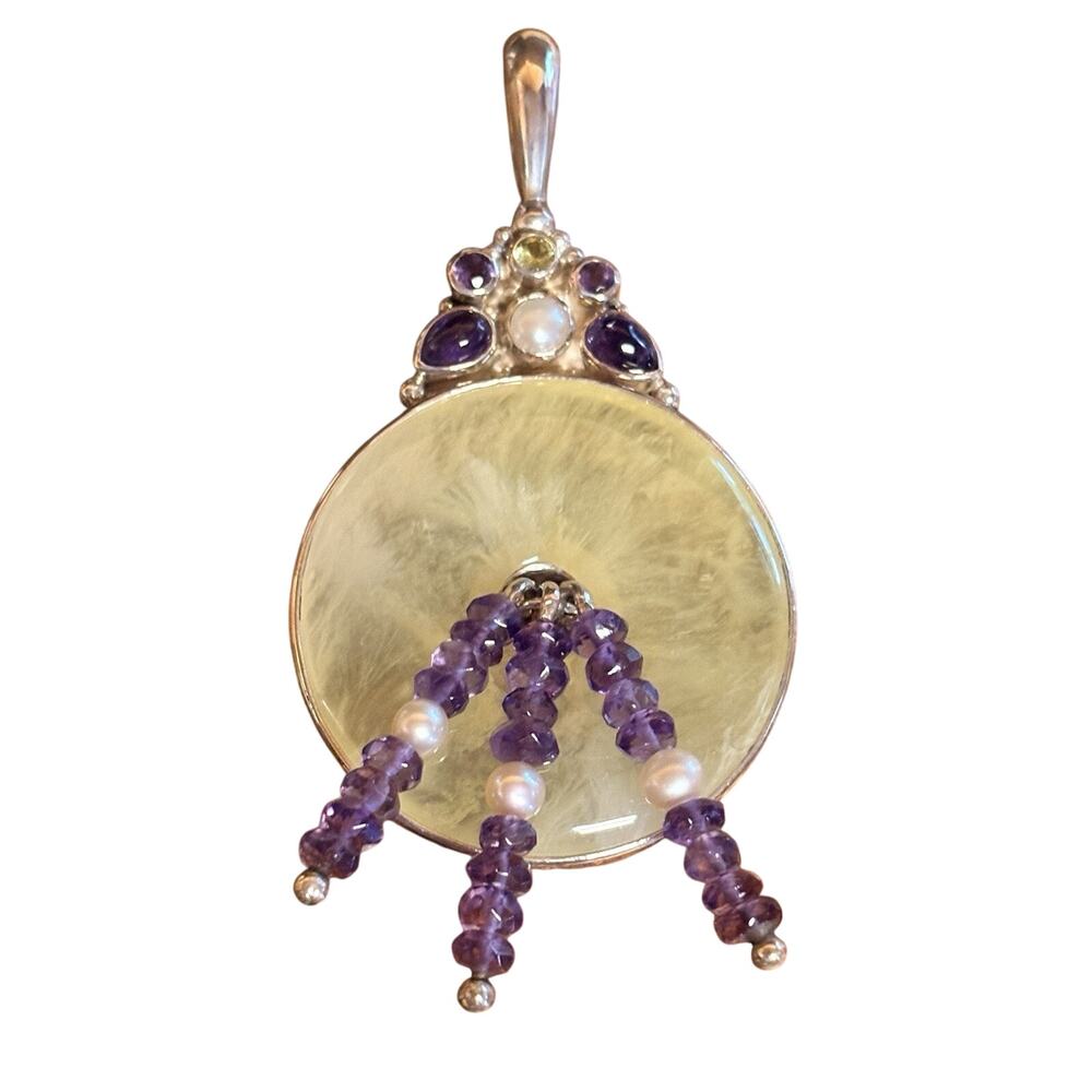 Sajen Pendant Sterling Silver, Prehnite, Amethyst, Pearl & Peridot Unique/Fun